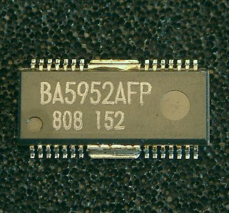 BA5952AFP  4-channel BTL driver for CD-ROM drives

The BA5952AFP is a four-channel BTL driver IC for driving the motors and actuators in products such as CD ROM drives.
Two of the channels use current feedback to minimize the current phase shift caused by the influence of load inductance.

* Applications
CD-ROM drives, DVD drives, DVD ROM drives.

* Features
1) Two channels are current-drive-type BTL drivers for two-shaft actuators.
   One channel is a voltage-drivetype BTL driver for transport motors,
   and the last is a current-drive-type BTL driver for loading motors.
2) Wide dynamic range (4.0V (typ.) when PreVCC = 12V, PVCC = 5V, and RL = 8W).
3) Level shift circuit on chip.
4) Thermal shutdown circuit on chip.

* Dual-shaft actuator drivers
  These drivers use current feedback to minimize the current phase shift cause by the influence of load inductance.
  Output structure is power op-amp to minimize back-rush noise.

* Transport motor driver
  Differential input and signal addition is possible by connecting general-purpose op-amps to the inputs.

* Loading driver
  Performs forward and reverse drive with transistor logic input. Can also be used as a linear BTL driver.