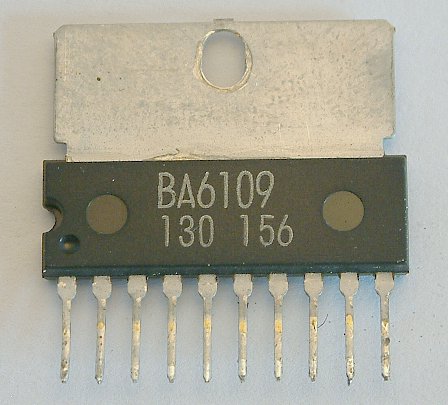 BA6109 Reversible motor driver

The BA6109 is a monolithic IC used for driving reversible motors. Two control logic inputs allow three output
modes: forward, reverse, and stop.
When switching from the forward or reverse mode to the stop mode, a brake is applied by absorbing the counterelectromotive
force of the motor. The IC has a built-in function to absorb motor rush currents that occur when
switching the output mode.
Output voltage is determined by the external constant voltage diode connected between pin 4 and GND. The motor
drive transistor can tolerate a rush current of up to 8OOmA. The IC can drive motors with various operating voltages.
Because the IC operates with a current less than 50 �A, you can directly connect the IC with CMOSs or other control logic
outputs.

* Features
1) Motor driving power transistors are built in; a rush current up to 8OOmA is allowable.
2) Brake is applied when stopping the motor.
3) Built-in function to absorb motor rush currents.
4) Interfaces with MOS LSI devices.
5) Small number of external parts.
6) Wide range of operating suppiy voltage (6 - 18V).
7) Available in a 10-pin SIP package.