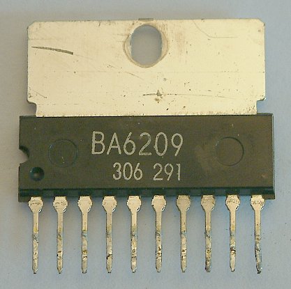 BA6209 / BA6209N  Reversible motor driver

The BA6209 and BA6209N are reversible-motor drivers suitable for brush motors. Two logic inputs allow three output
modes : forward, reverse, and braking. The motor revolving speed can be set arbitrarily by controlling the voltage applied
to the motor with the control pin voltage VR.

* Applications
VCRs and cassette tape recorders

* Features
1) Power transistors can handle a large current (1.6A maximally).
2) Brake is applied when stopping the motor.
3) Built-in function to absorb rush currents generated by reversing and braking.
4) Motor speed controlling pin.
5) Small standby current. (VCC = 12V, IO = 5.5mA typically)
6) Stable operation during mode changes either from forward to reverse or vice versa.
7) Interface with CMOS devices.