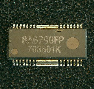 BA6790FP / BA6791FP  4-channel BTL driver for CD players

The BA6790FP and BA6791FP are 4-channel BTL drivers for CD player actuators and motors. These ICs have internal
5 V regulators and general purpose operational amplifiers, and are mounted to a 28-pin HSOP package, allowing for
the miniaturization of applications.

* Applications
CD players and portable CD

* Features
1) 4-channel BTL driver.
2) HSOP 28-pin package allows for miniaturization of applications.
3) Wide dynamic range. (typically 5.4V when VCC = 8V and RL = 8W)
4) Internal thermal shutdown circuit.
5) Gain is adjustable with a single attached resistor.
6) Internal 5V regulator. (requires attached PNP transistor)
7) Internal general purpose operational amplifier.