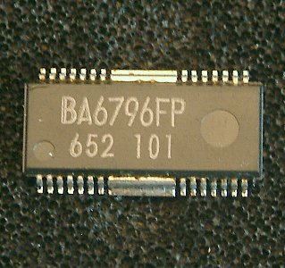 BA6796FP 5-channel BTL driver for CD players

The BA6796FP, an IC designed for CD and MD players, has a 5-channel BTL power driver and a standard operational
amplifier. The spindle and tray driver share a single output buffer, and are specified with a control pin. In addition, the
internal level shift circuit reduces the number of attached components.

* Applications
CD players, CD-ROM drives, MD players and other optical disc devices

* Features
1) 5-channel BTL driver in a 28-pin HSOP package, allowing for application miniaturization.
2) The five drivers are turned on and off according to control pin logic combinations.
3) The tray driver operates even when the servo power supply drops.
4) Internal thermal shutdown circuit.
5) Gain is adjustable with an attached resistor.
6) Internal standard operational amplifier.
