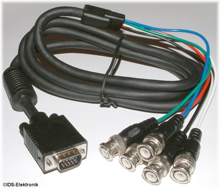 Monitorkabel High Quality BNC - VGA-SubD-HD-Stecker
L�nge: 1,8m
Farbe: schwarz
5x BNC-Stecker, 1x 15-poliger VGA-SubD-HighDensity-Stecker

High-Quality-Ausf�hrung mit Ferriten!